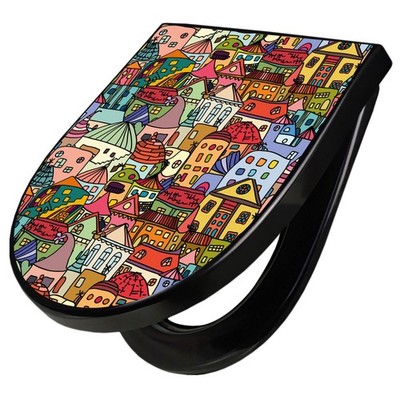 Premium WC-Sitz schwarz D-Form mit Absenkautomatik Toilettendeckel Funky Town