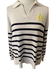 NWT Womens LIFE IS GOOD Embroidered Blue&White Striped Knit Sweater Pullover