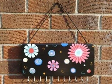 Handmade wood hand painted jewelry key dog leash holder with hooks funky flowers