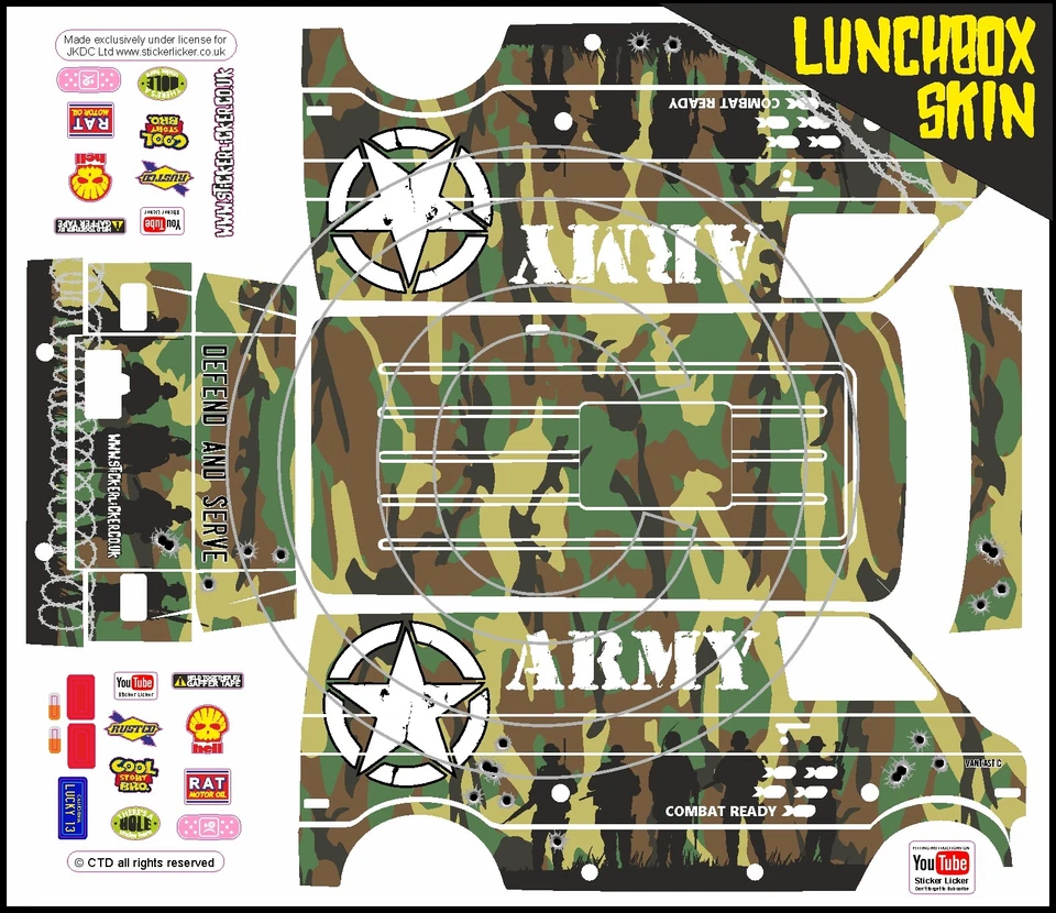 STICKER LICKER Sticker Set Skin Wrap Green Camouflage ArmyTheme Fits Tamiya Lunch Box shell