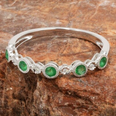 New 14k White Gold Diamond & Emerald Gemstone Stacking Band/Ring Size 6.5