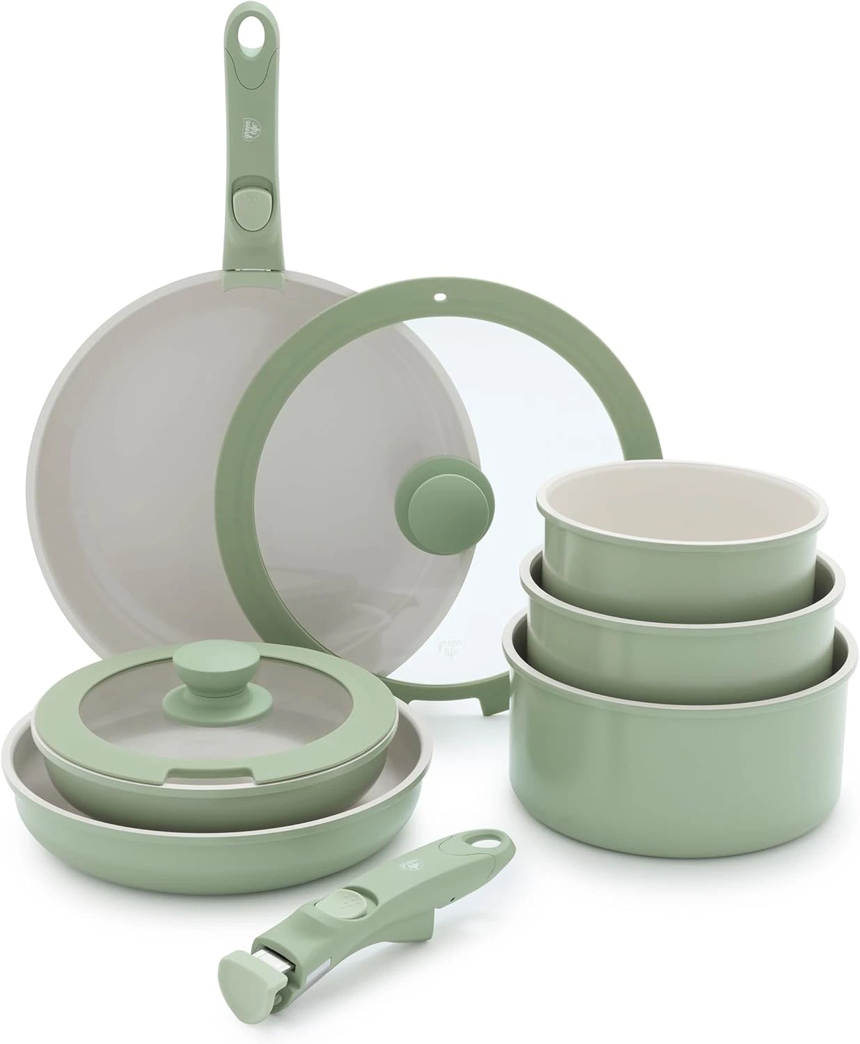 Sage Green 10-Piece Nonstick Ceramic Cookware Set, Space-Saving & Safe