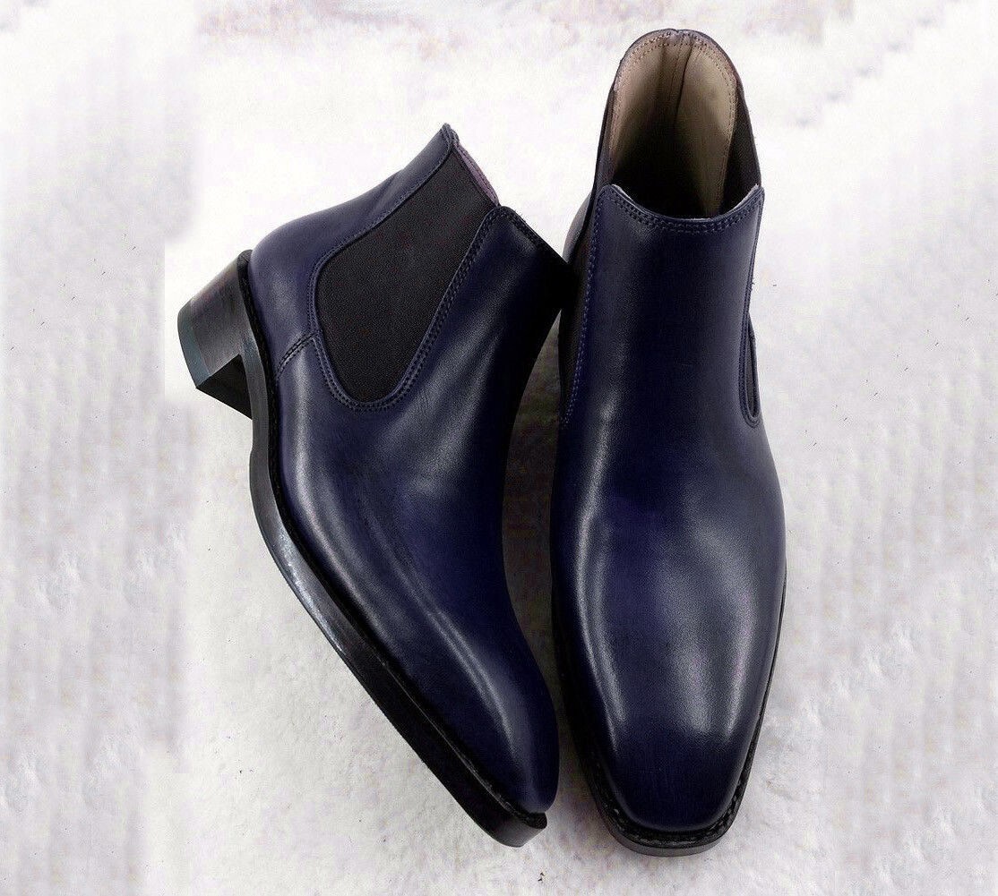 Handmade Navy Blue Chelsea Boot, Leather Casual Formal Dress