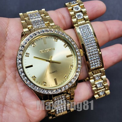 ELGIN 金メッキ クォーツ腕時計 純金1g文字盤▪️ダイヤモンド装飾 Mens Elgin Luxury Elegant Gold Genuine Diamonds Stainless Steel