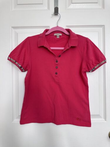 Burberry Brit Polo Shirt Women’s Size M Checker Trim Fit Snug Bright Pink - Picture 1 of 8