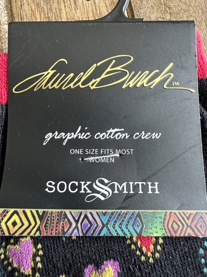 Nuevos calcetines Laurel Burch negros gráficos de algodón con corazones coloridos O/S Foto 4 de 4