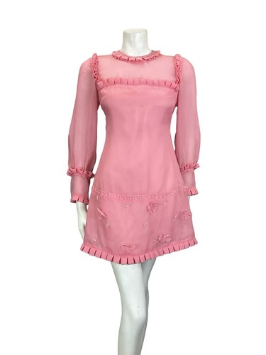 VTG 60S MOD PINK MESH RUFFLE CLEAR BEADED FLOWER BISHOP SLEEVE SHIFT DRESS 8 - Picture 2 of 13