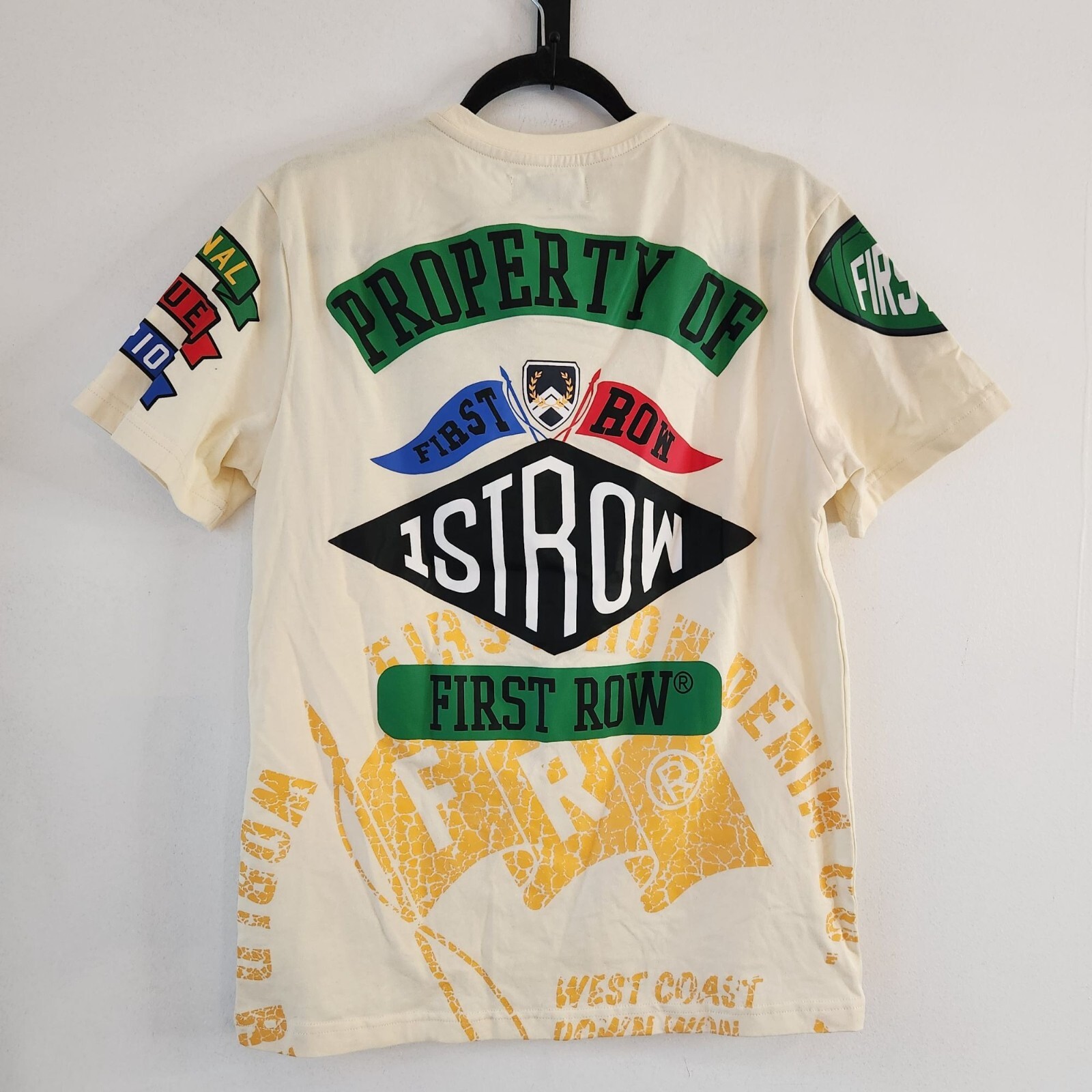 T shirt maglietta grafica prima fila Property Of nuova con etichetta logo Varsity uomo S