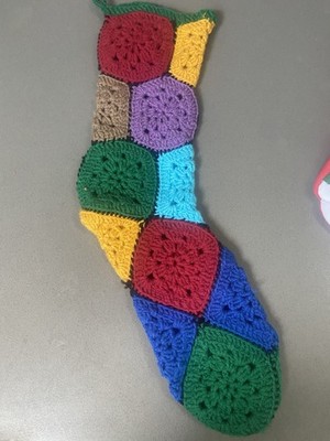 Crocheted Granny Square 24'' Christmas Stocking green, red blue purple