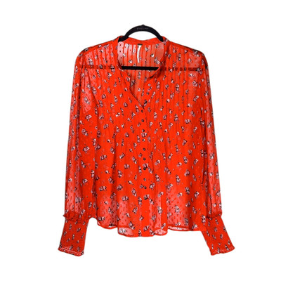 Free People Women s Flowers in December Silk Button-Up Shirt Sheer Boho Blouse M