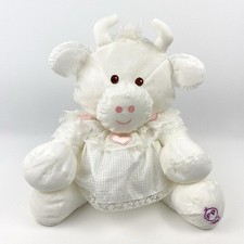 Vintage 1986 Fisher Price Puffalump White Cow Plush Toy w/Pink Heart Lace Dress