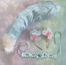 Fluffy Cat Tail  Ears Choker Set 25" Baby Blue Faux Fur Kawaii Cosplay Costume