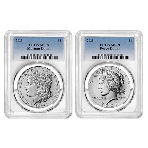2pc Set - 2023 $1 Morgan and Peace Silver Dollar PCGS MS69 Blue Label