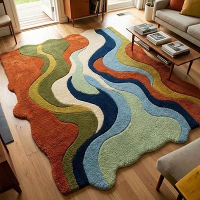 Large Wavy Rug Irregular Shape Abstract Blue Orange Green MCM Plush Area Carpet