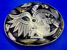 Mayan Tribe Face Inlaid Rare Abalone Shell Vintage Alpaca Mexico Belt Buckle
