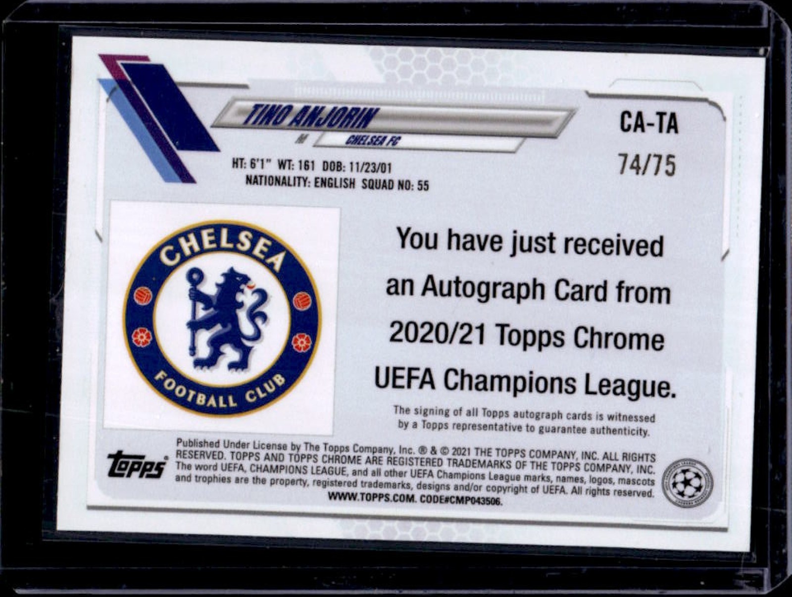 2020-21 Topps Chrome UEFA Tino Anjorin Auto RC Blue Wave Rookie #/75 Chelsea view 2