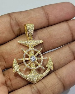 Authentic 2.20 CT Real Moissanite Men's Anchor Wheel Charm Pendant 14K Yellow Gold Plated