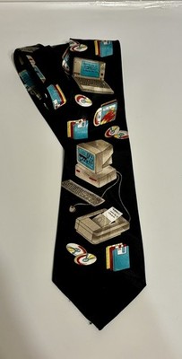 Vintage Computer Novelty Tie Retro Tech Nerd Geek Office Humor Floppy Disk CD 