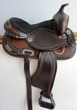15" Beaded Tooled Dark Brushed Black Brown Trail Barrel Pleasure Saddle FQ Bars