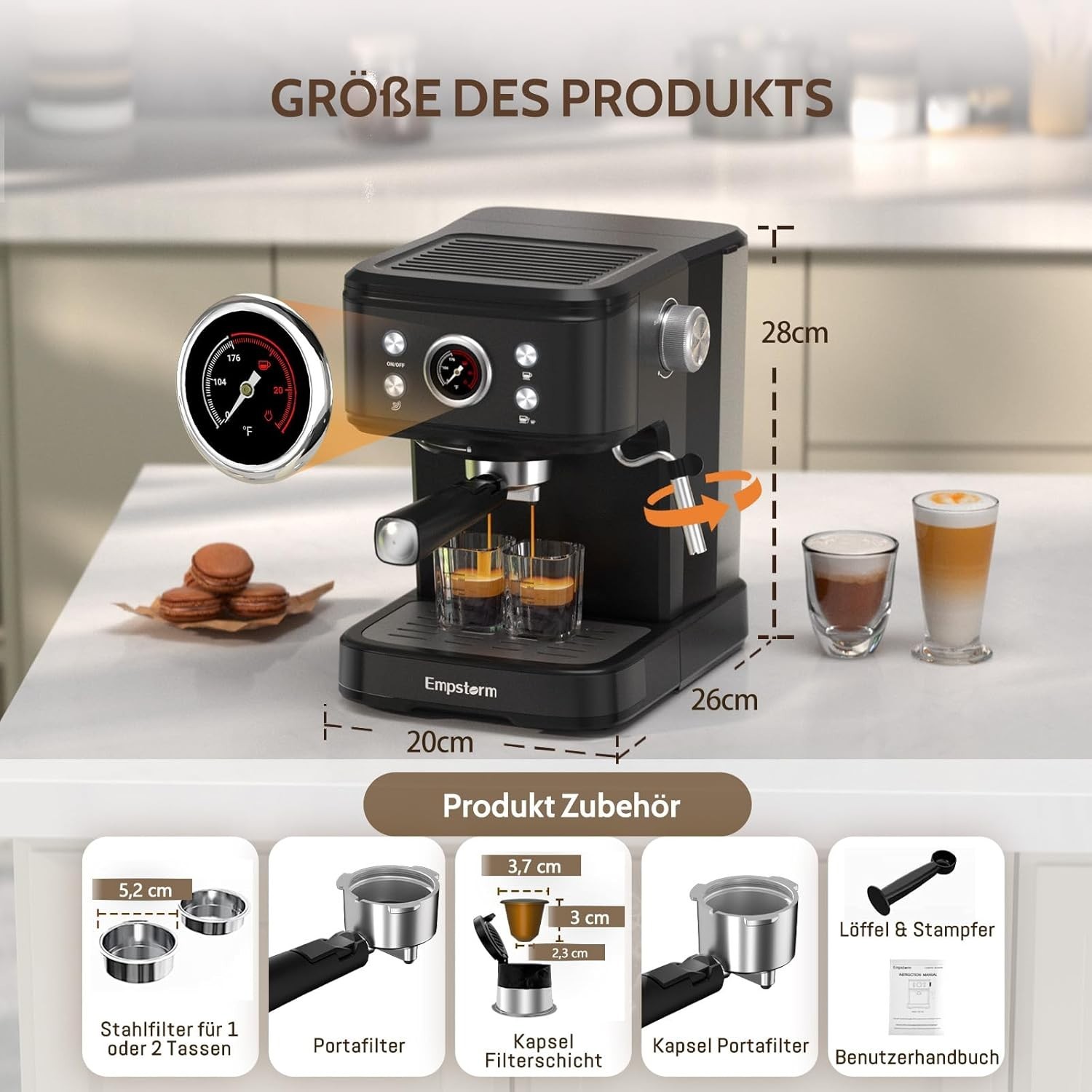 Macchina Caffè Espresso Empstorm 20 Bar 2in1 Capsule+Polvere Montalatte 1,5L foto 6