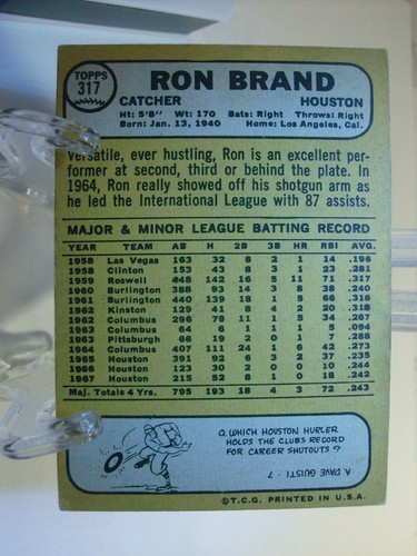 1968 Topps Baseball #317 - Ron Brand - Houston Astros 68-093 - Picture 2 of 2
