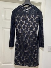 Zara Dress Medium UK 10 Black Lace Over Nude Long Sleeves Side Zip
