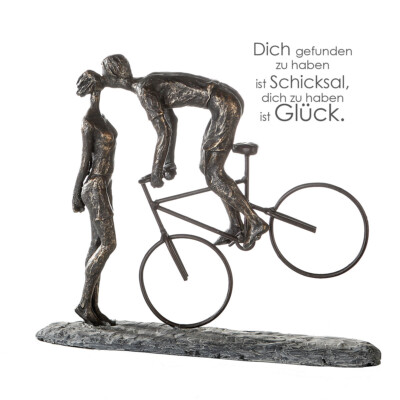 Skulptur Kiss me Bronze Optik 30x36cm Figur Spruch  Radfahrer Liebe  (#248 S)