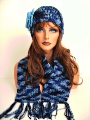 NEW CROCHET BLUE MULTI FLOWER HAT AND SCARF SET HAND MADE  display picture 3