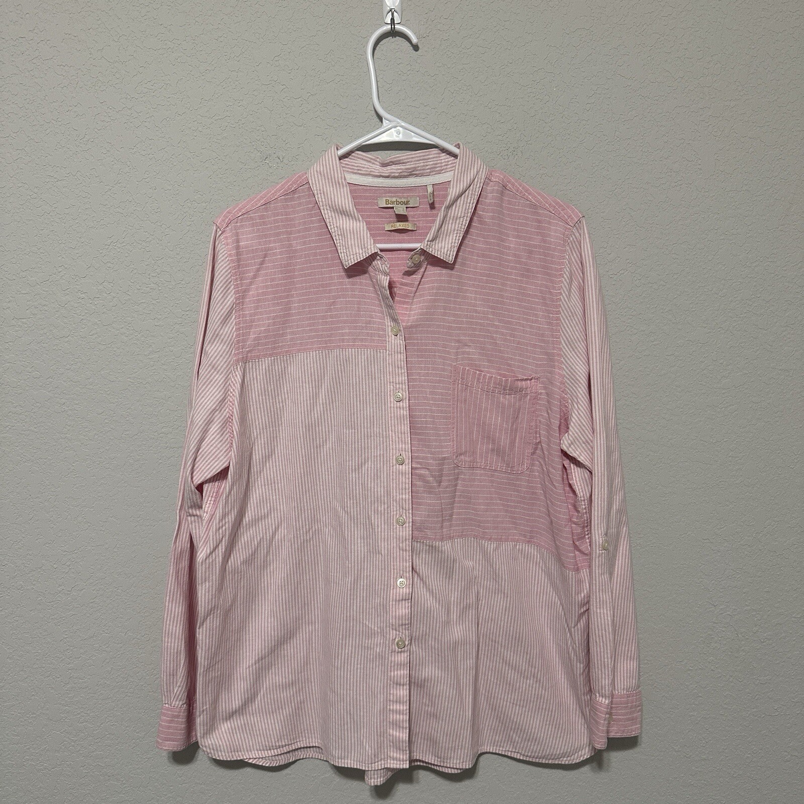 Barbour Women’s Beachfront Shirt Pink Striped Size 12 Long Sleeve Button Up