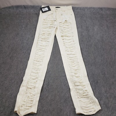 NEW PrettyLittleThing Jeans Women 2 Off White Straight Distressed Cut Torn Denim
