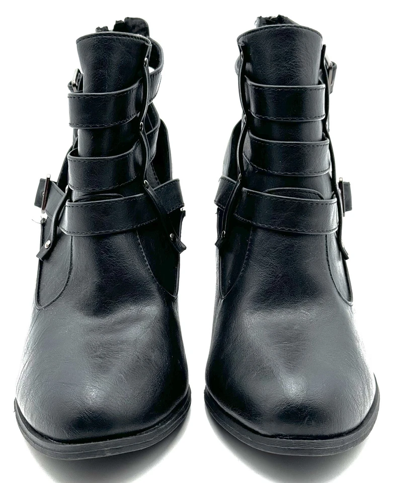 Botines Forever Brand para mujer 9 punta cerrada correas negras hebillas tacón apilado Foto 3 de 4