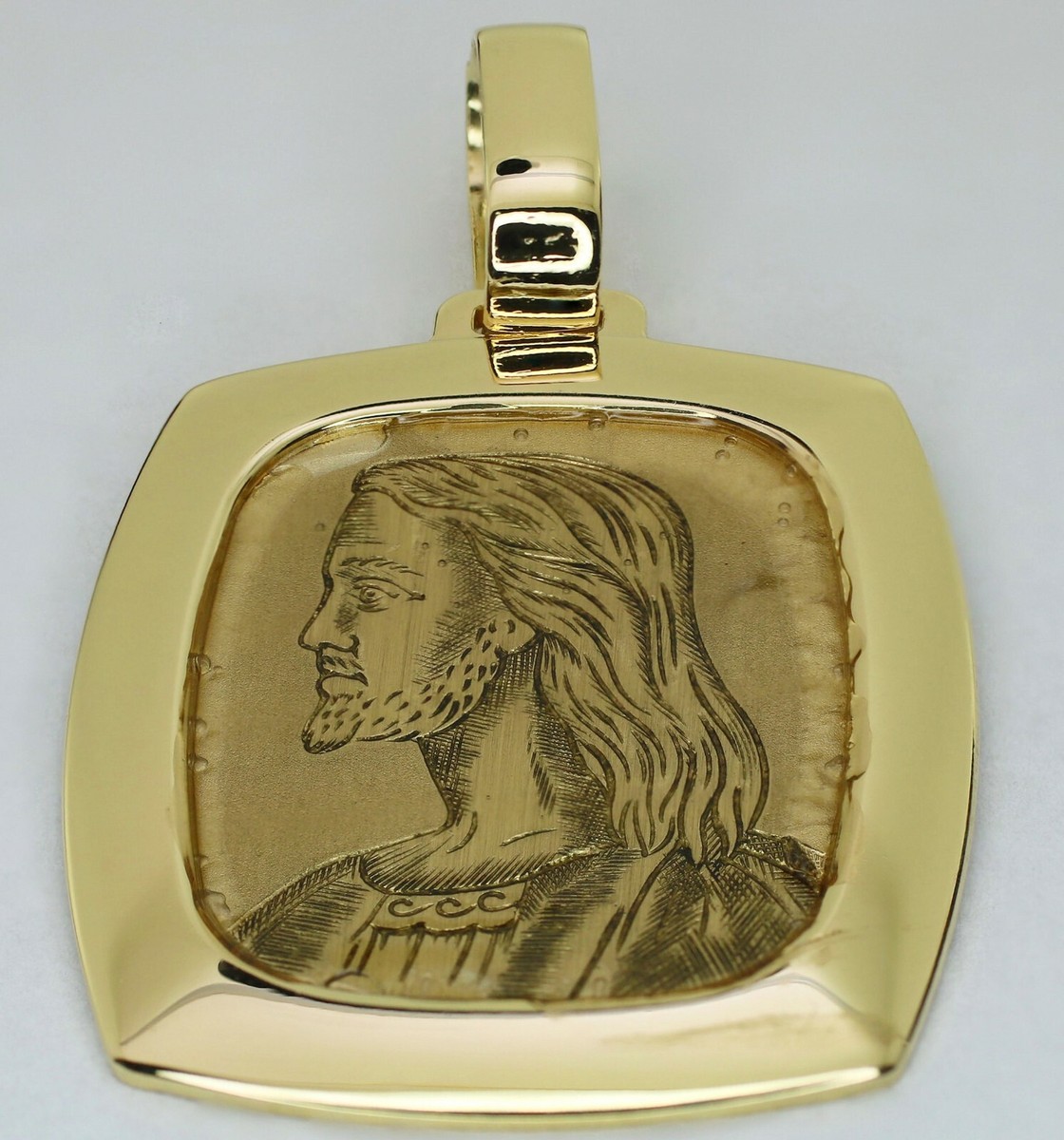 18K Yellow Gold Rectangle shaped Pendant with Laser Engraved Jesus 