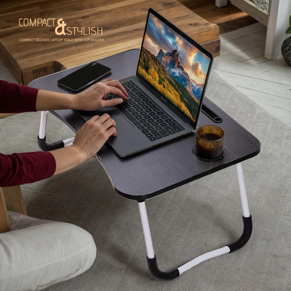 ICE ARMOR 2-PC Laptop Tray Lap Desk Stand Foldable Bed Table Cup Slot Black - Image 4 of 4