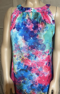 Lily by Firmiana Women s Size L sleeveless Bright Floral blouse ,Buttoned Collar