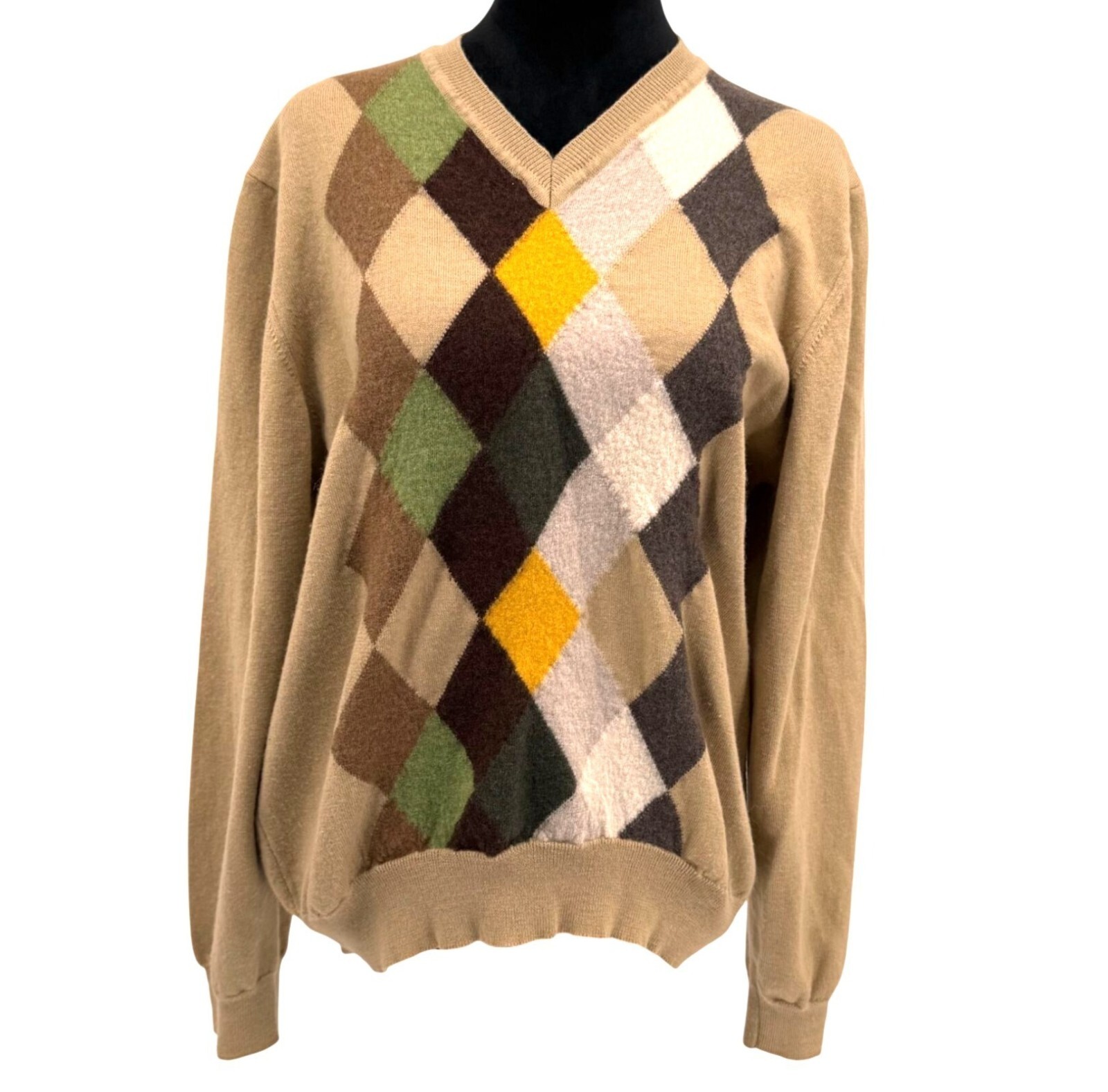 Marco Fiori Wool Argyle Sweater Mens XL Beige Green Italy Dark Academia Preppy