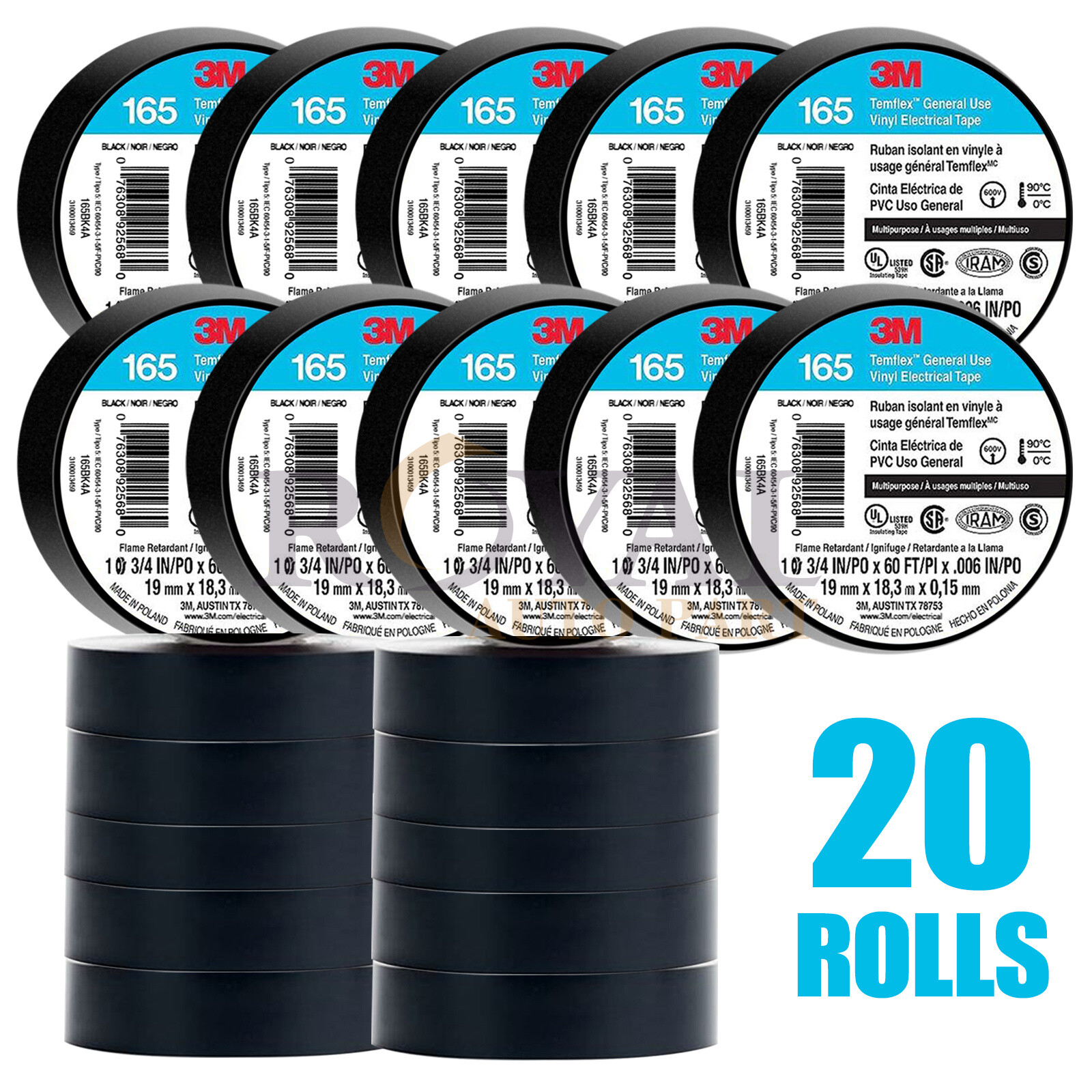 (20) 3M 165 TEMFLEX 3/4"x 60' BLACK ELECTRICAL TAPE