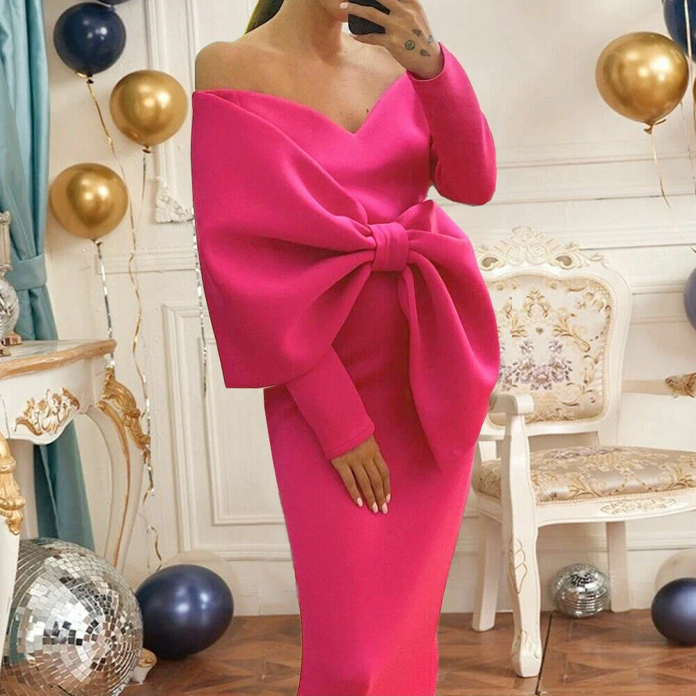 Hot Women Long Dress Off Shoulder Big Bow Plus Size Slim Dress 3Xl