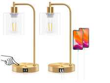 2 Pack Lodstob Gold Industrial Table Lamps,Vintage Touch Control USB Glass Shade