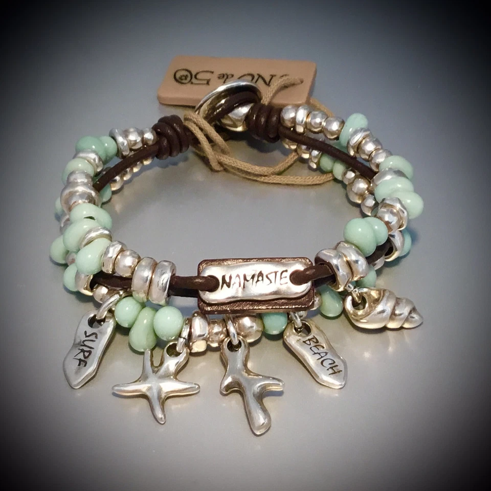 Pulsera UNO de 50 “Namaste” Cristal Turquesa Chapado en Plata Metal Cuero Marrón Foto 2 de 4