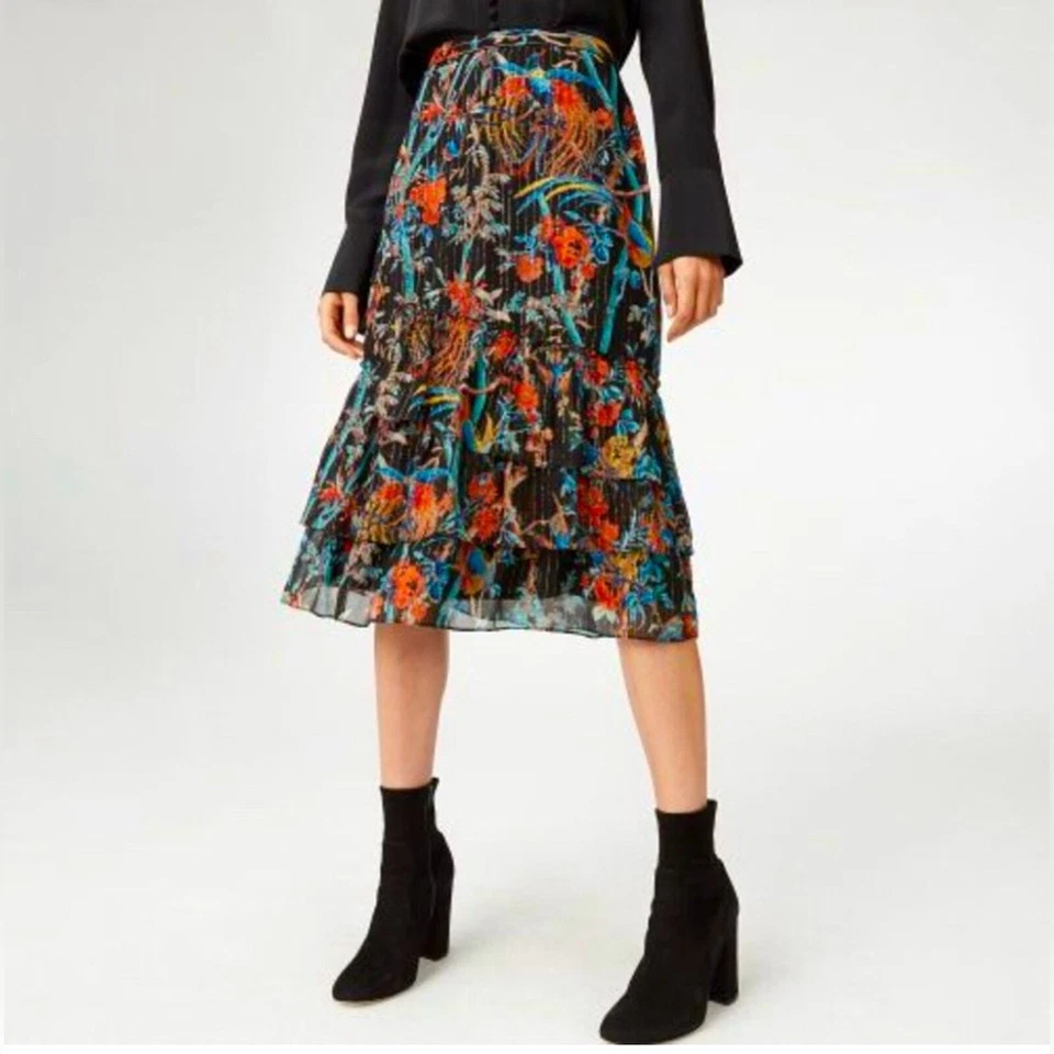 Falda midi con volantes de seda floral Loudie Club Monaco para mujer talla 2 Foto 2 de 4