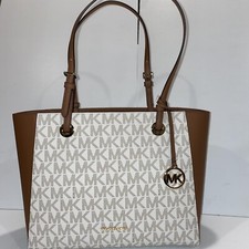 $278 MICHAEL KORS WOMEN WALSH MD MF LEATHER TOTE BAG MK LOGO VANILLA COLOR