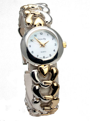 INFINITY:HEART LINKS WOMEN'S GOLD/SILVER FINISH METAL BAND ROUND  ANALOG  WATCH