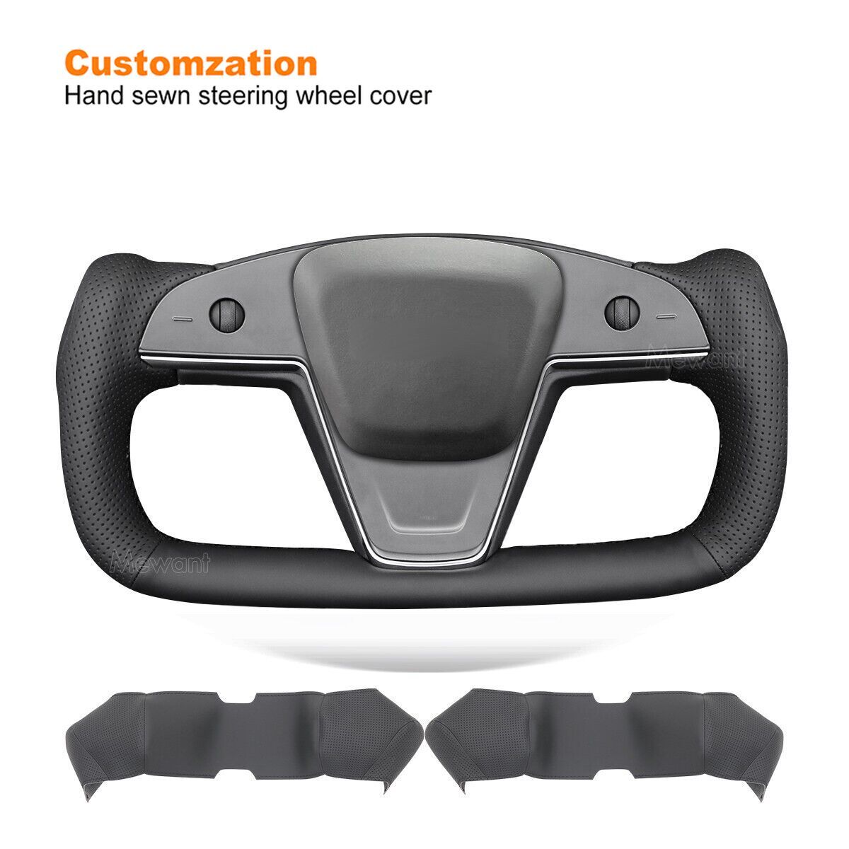 Black Real Leather Steering Wheel Cover for Tesla Model S Yoke Model X Non-slip
