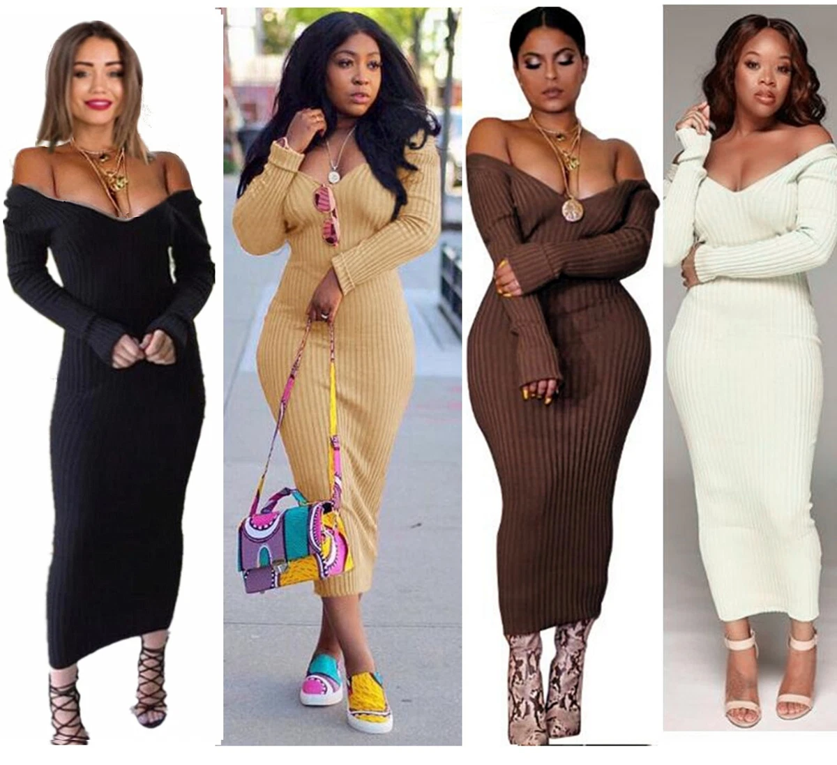 Women Bardot Off Shoulder Ribbed Long Sleeve Bodycon Stretchy Knitted Dress Long