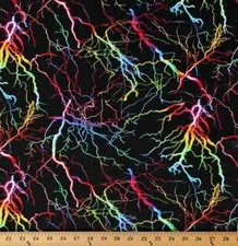 Cotton Lightning Flashes Storm Multi-Color on Black Fabric Print by Yard D501.38