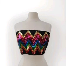 Topshop Womens Medium Black Boho Disco Retro Bright Sequin Smocked Tube Crop Top