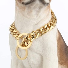 Dog Chain Collar 18K Gold High Polished Stainless Steel Cuban Link Strong Hea...