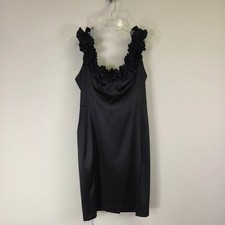 London Times Black Ruffle Neck Satin Sheath Cocktail Dress Size 8