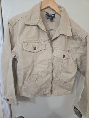 Braefair Womens Cropped Beige Denim Jacket Zip Front Utility Trucker Y2K Style