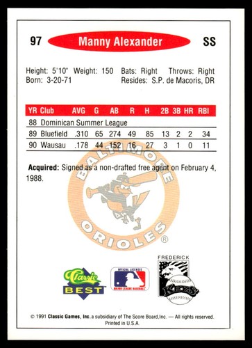 1991 Classic Best #97 Manny Alexander - Picture 2 of 2
